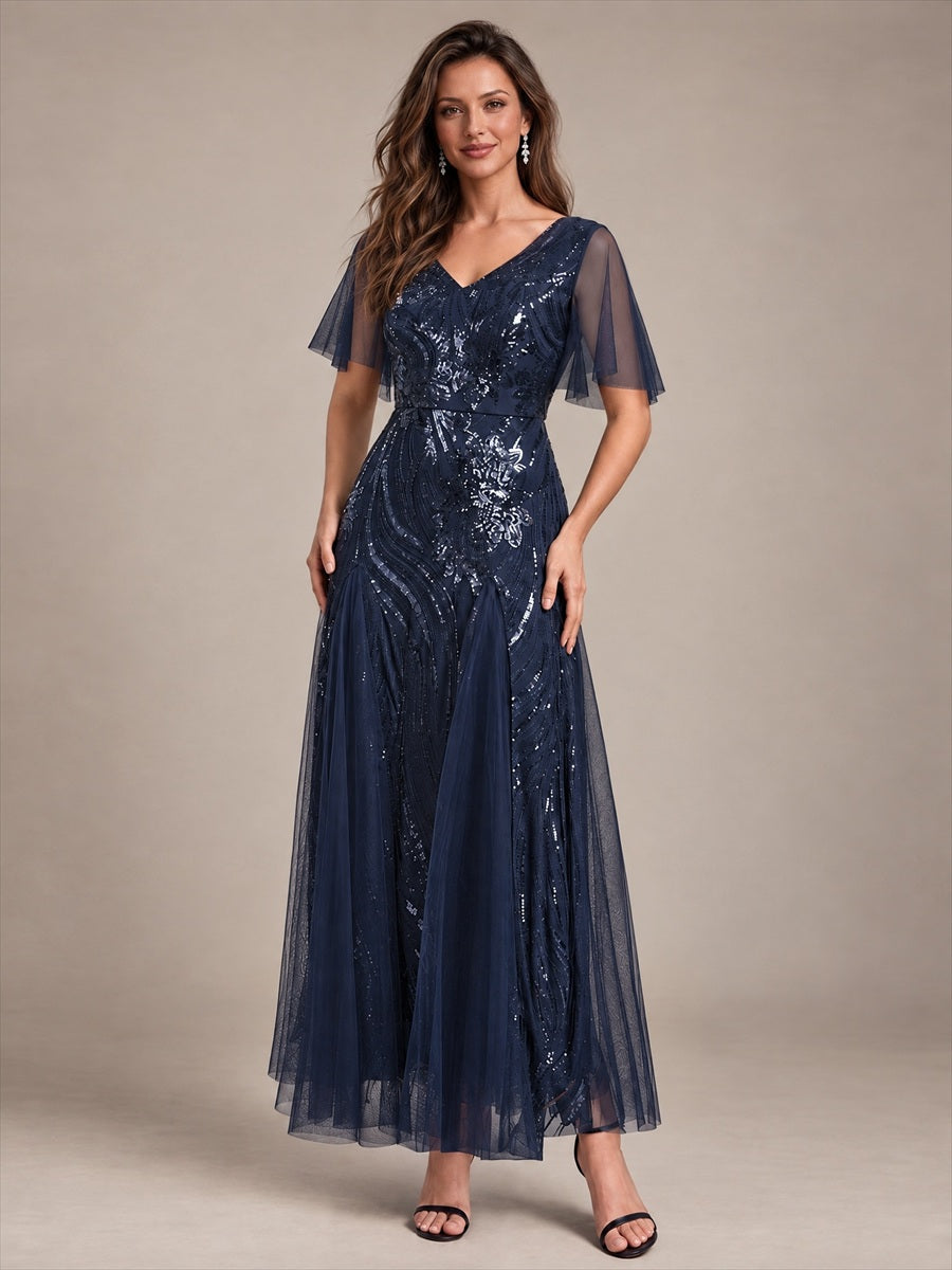 Maxilänge V-Ausschnitt A-Linien Kleid Aus Pailletten Für Glamourösen Look #Farbe_Marineblau