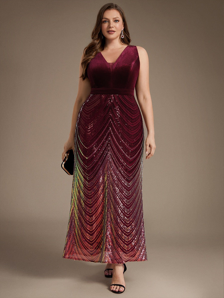 Maxilänge Meerjungfrau Kleid V Ausschnitt Pailletten Glamourös Elegant #Farbe_Burgunderrot