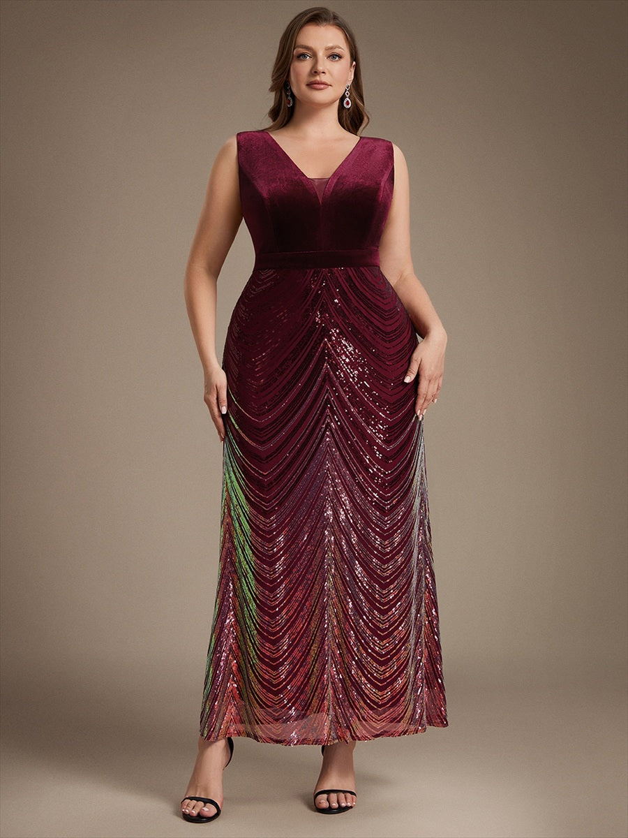 Maxilänge Meerjungfrau Kleid V Ausschnitt Pailletten Glamourös Elegant #Farbe_Burgunderrot