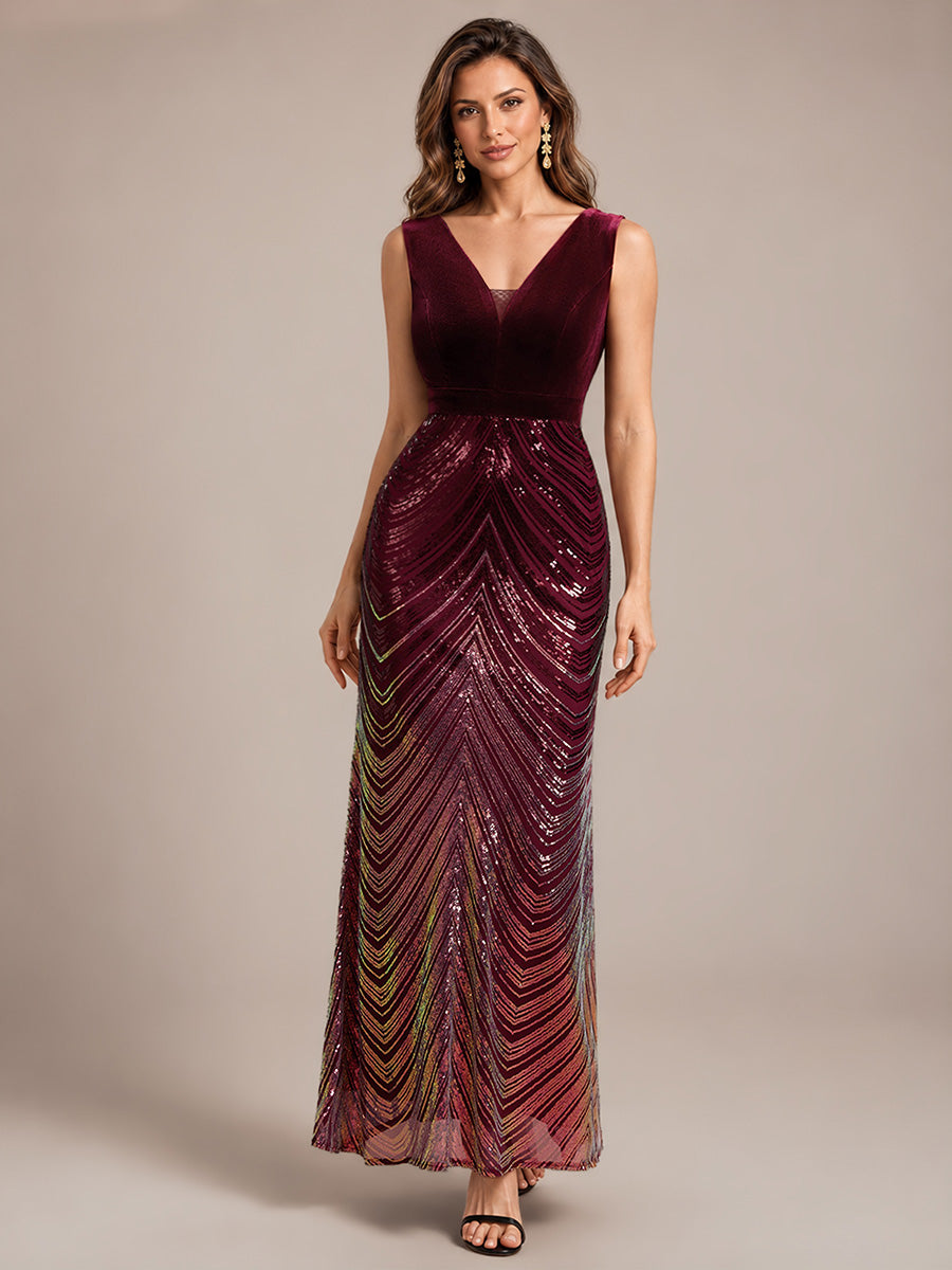 Maxilänge Meerjungfrau Kleid V Ausschnitt Pailletten Glamourös Elegant #Farbe_Burgunderrot