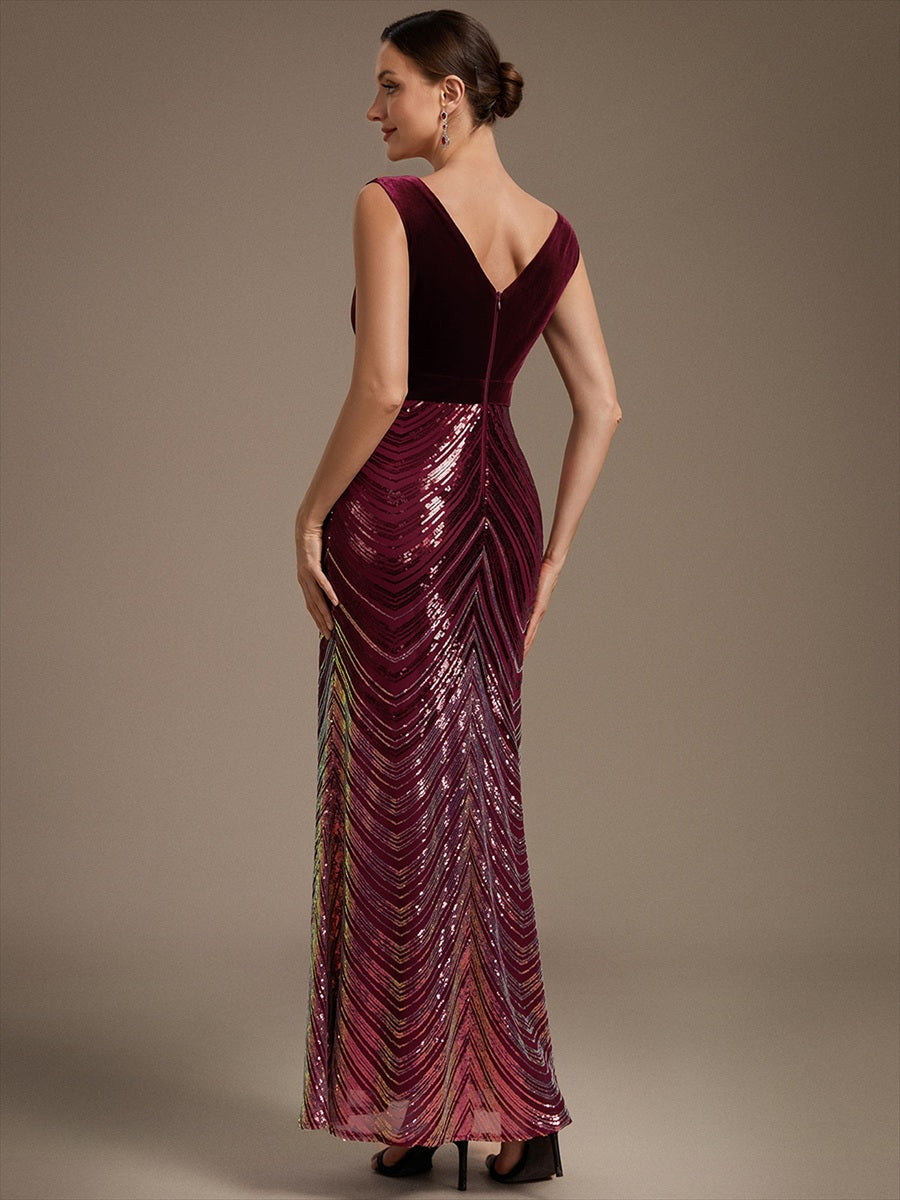 Maxilänge Meerjungfrau Kleid V Ausschnitt Pailletten Glamourös Elegant #Farbe_Burgunderrot