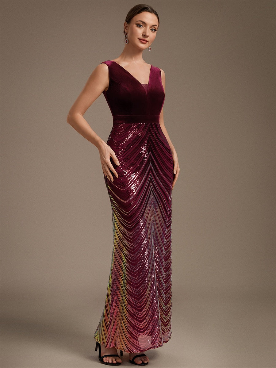 Maxilänge Meerjungfrau Kleid V Ausschnitt Pailletten Glamourös Elegant #Farbe_Burgunderrot