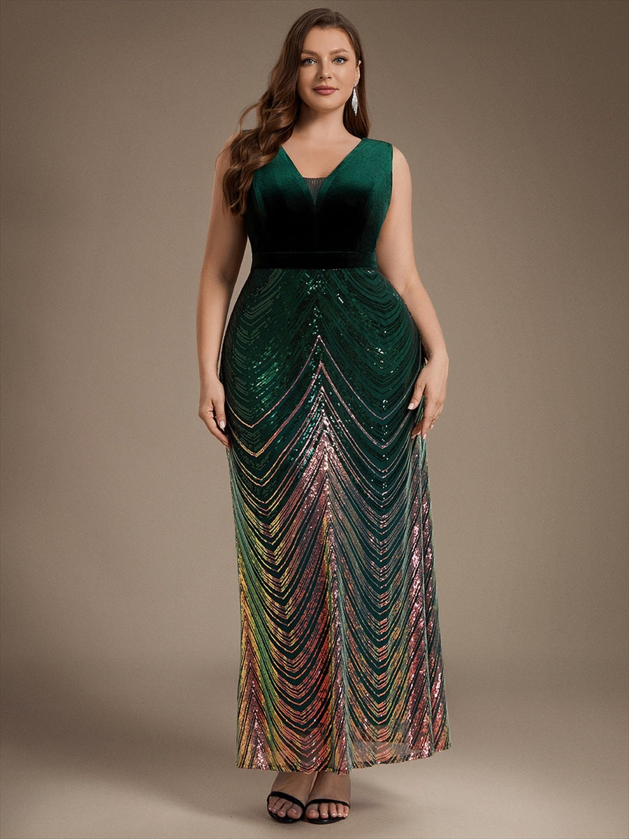 Maxilänge Meerjungfrau Kleid V Ausschnitt Pailletten Glamourös Elegant #Farbe_Dunkelgrün