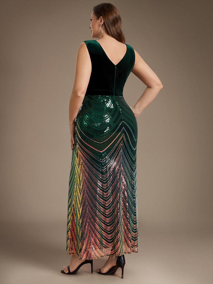 Maxilänge Meerjungfrau Kleid V Ausschnitt Pailletten Glamourös Elegant #Farbe_Dunkelgrün