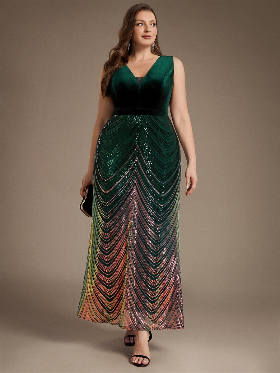 Maxilänge Meerjungfrau Kleid V Ausschnitt Pailletten Glamourös Elegant #Farbe_Dunkelgrün