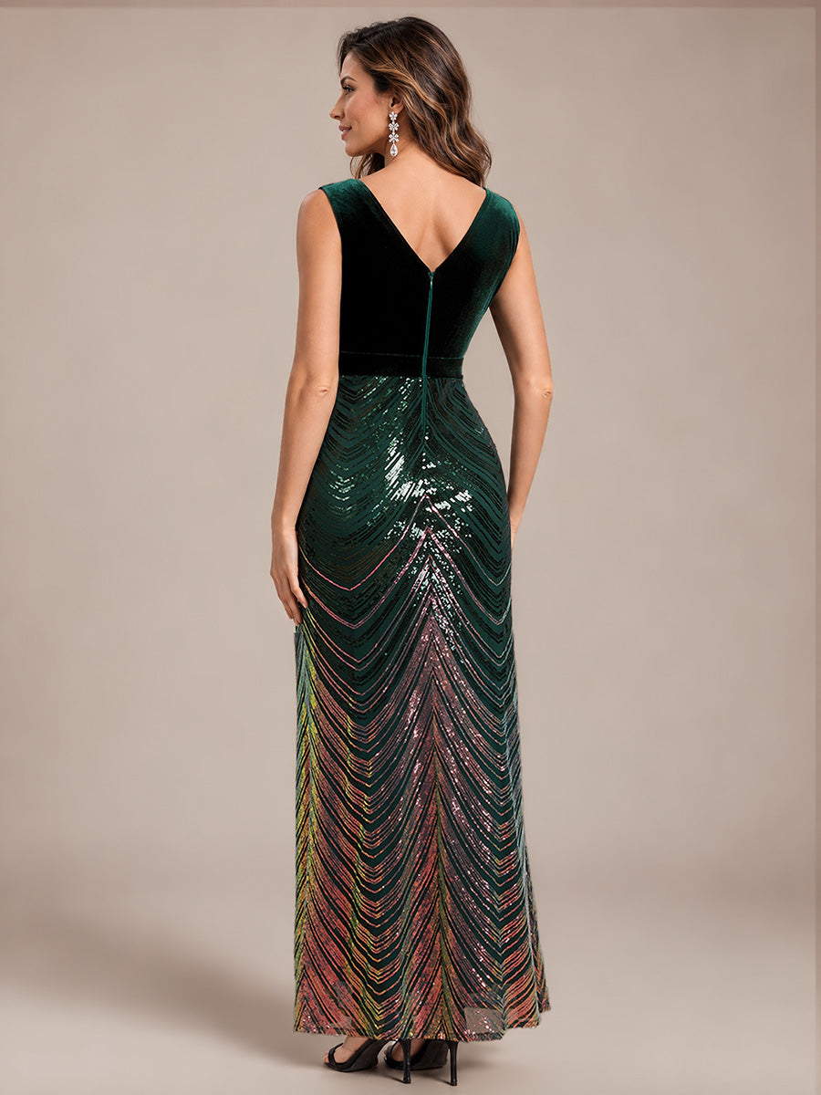 Maxilänge Meerjungfrau Kleid V Ausschnitt Pailletten Glamourös Elegant #Farbe_Dunkelgrün