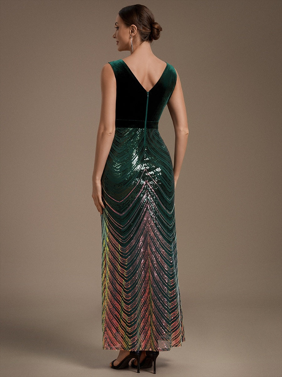 Maxilänge Meerjungfrau Kleid V Ausschnitt Pailletten Glamourös Elegant #Farbe_Dunkelgrün