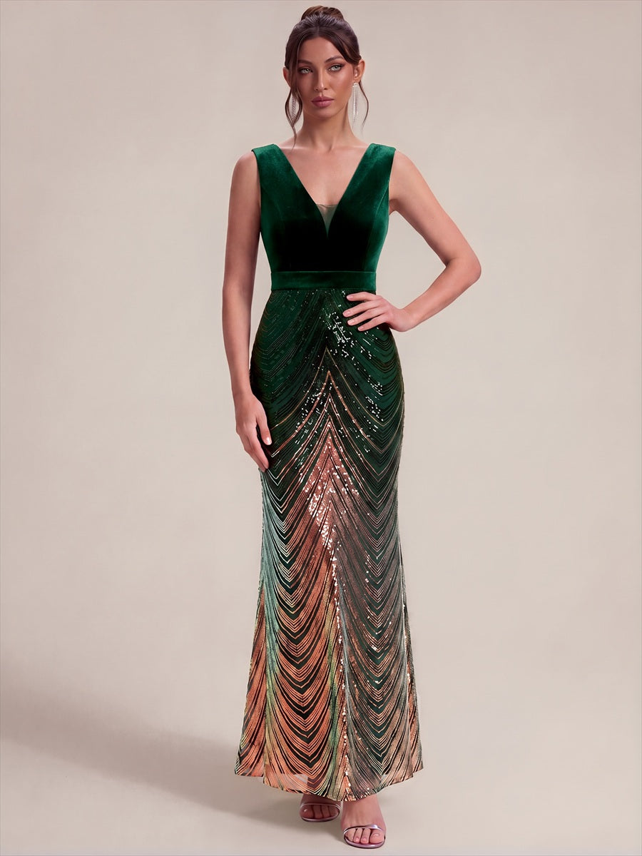 Maxilänge Meerjungfrau Kleid V Ausschnitt Pailletten Glamourös Elegant #Farbe_Dunkelgrün