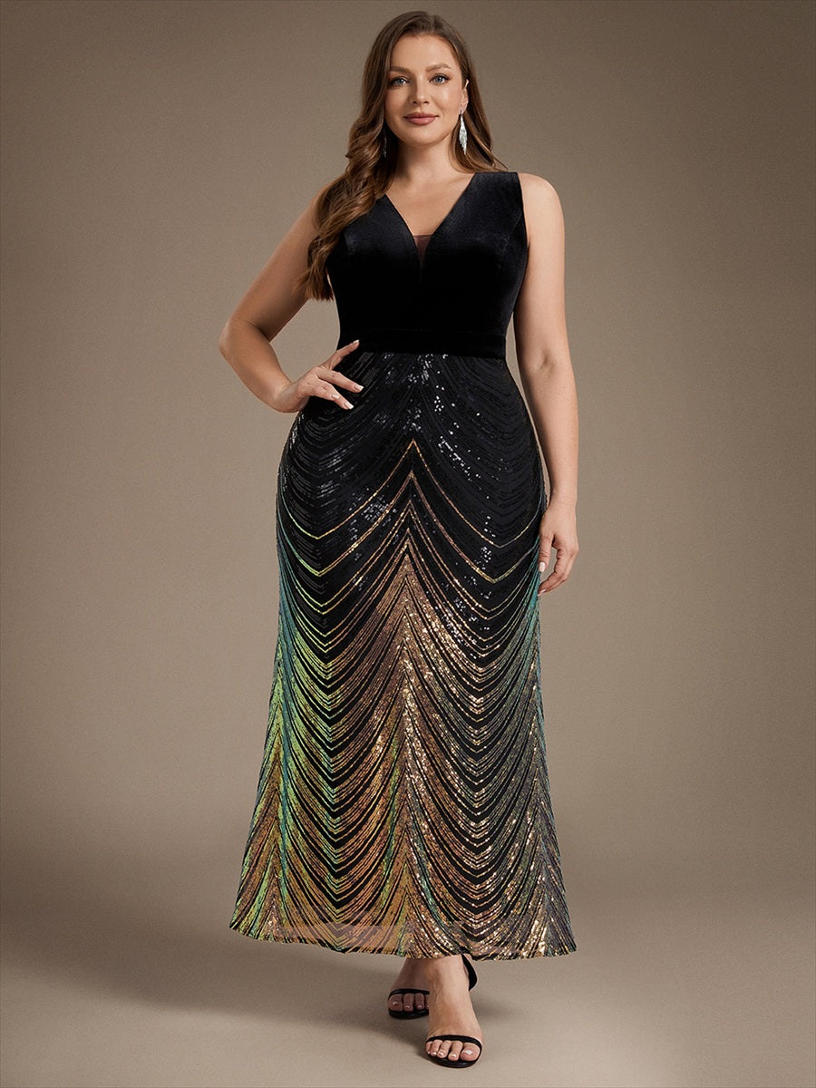 Maxilänge Meerjungfrau Kleid V Ausschnitt Pailletten Glamourös Elegant #Farbe_Schwarz