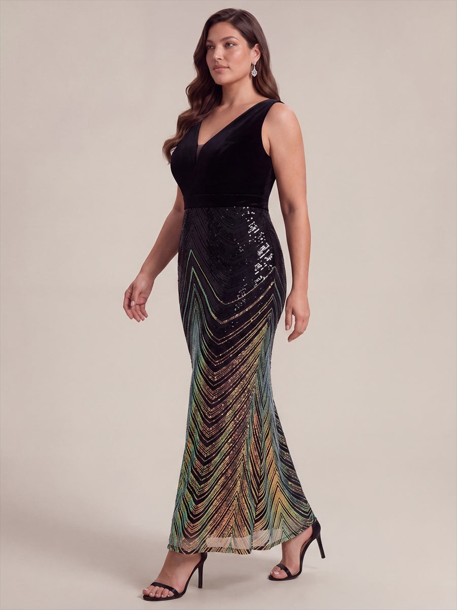 Maxilänge Meerjungfrau Kleid V Ausschnitt Pailletten Glamourös Elegant #Farbe_Schwarz