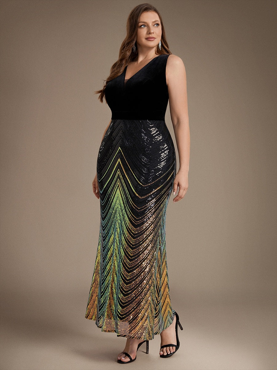 Maxilänge Meerjungfrau Kleid V Ausschnitt Pailletten Glamourös Elegant #Farbe_Schwarz