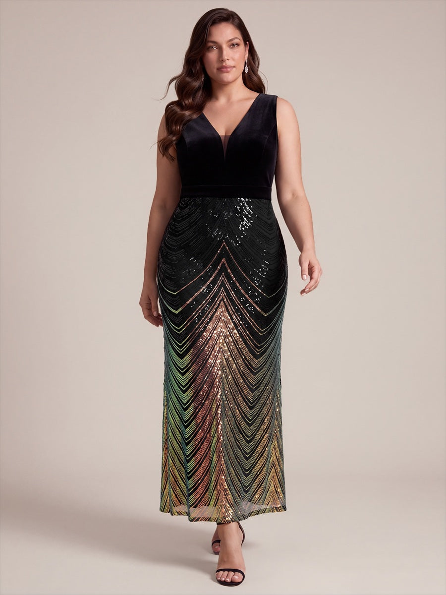 Maxilänge Meerjungfrau Kleid V Ausschnitt Pailletten Glamourös Elegant #Farbe_Schwarz