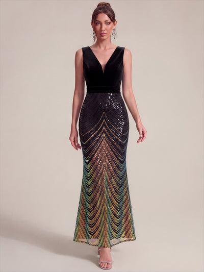 Maxilänge Meerjungfrau Kleid V Ausschnitt Pailletten Glamourös Elegant #Farbe_Schwarz