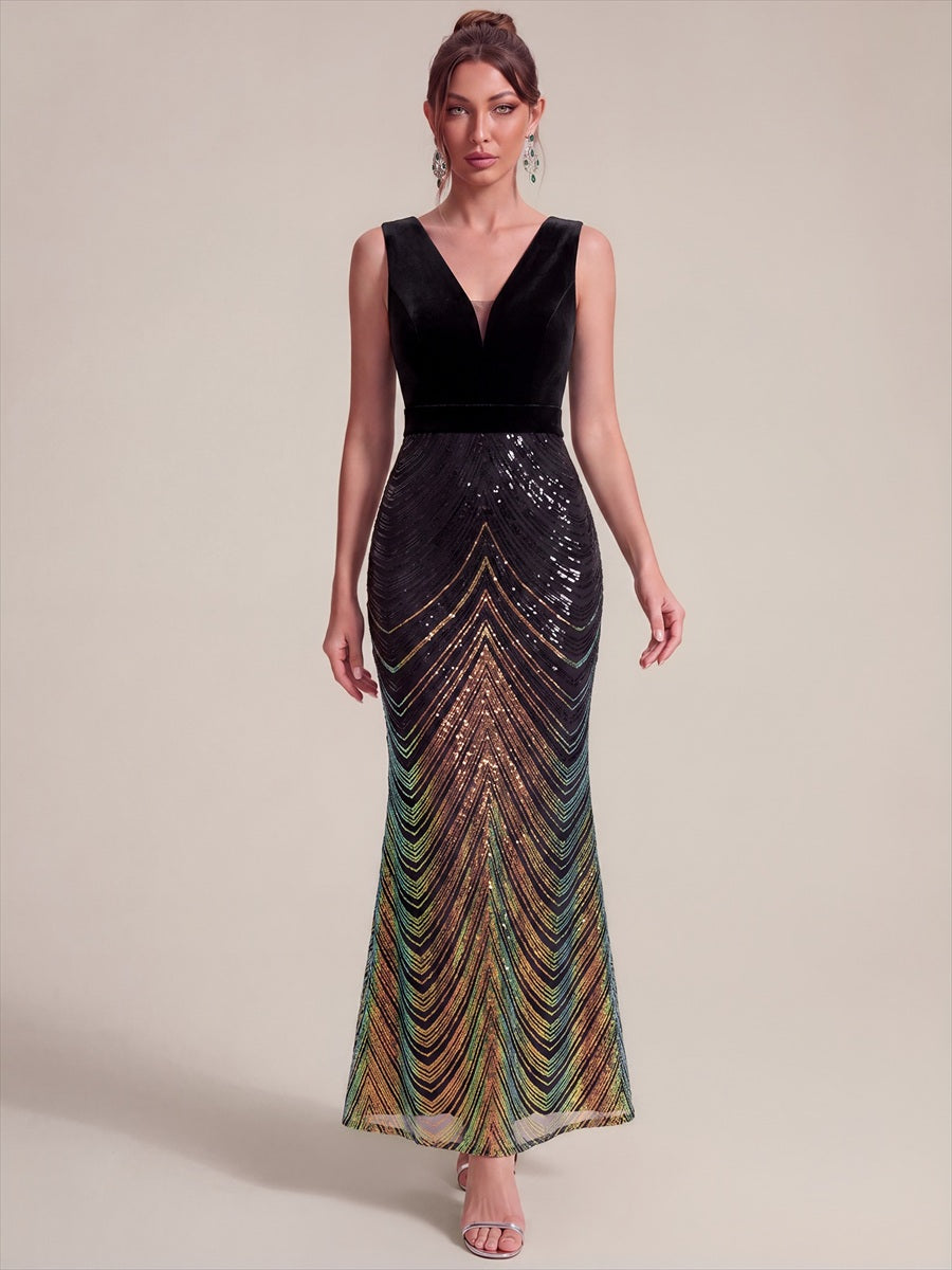 Maxilänge Meerjungfrau Kleid V Ausschnitt Pailletten Glamourös Elegant #Farbe_Schwarz