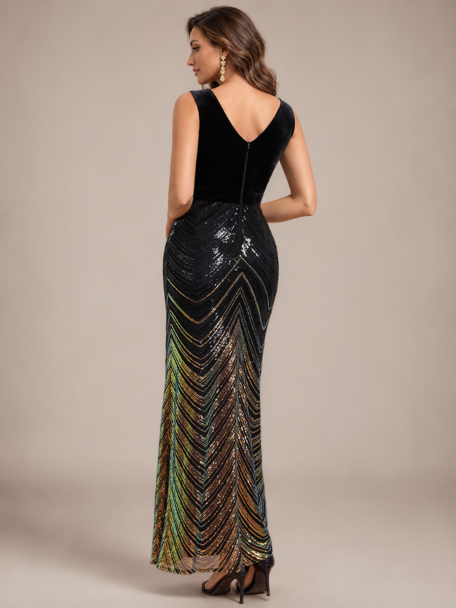 Maxilänge Meerjungfrau Kleid V Ausschnitt Pailletten Glamourös Elegant #Farbe_Schwarz