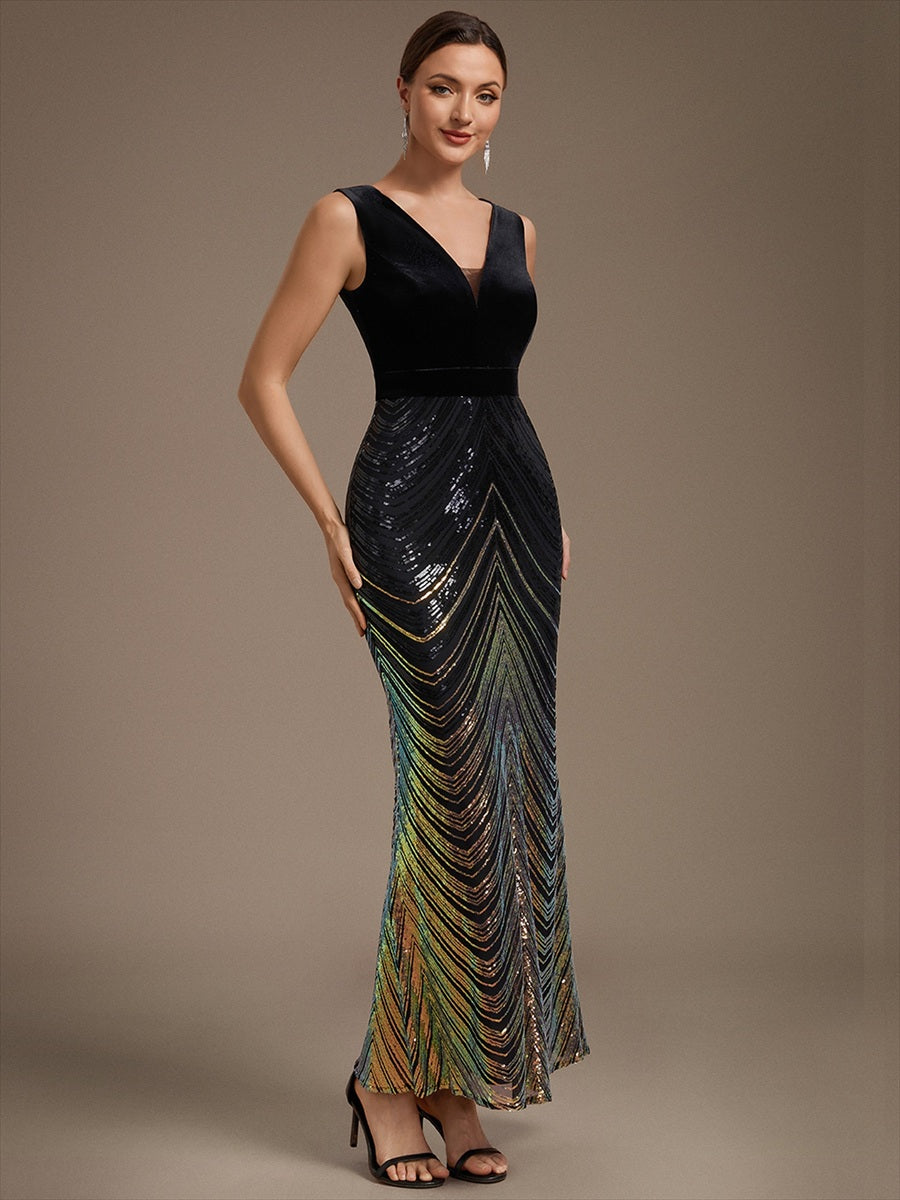 Maxilänge Meerjungfrau Kleid V Ausschnitt Pailletten Glamourös Elegant #Farbe_Schwarz