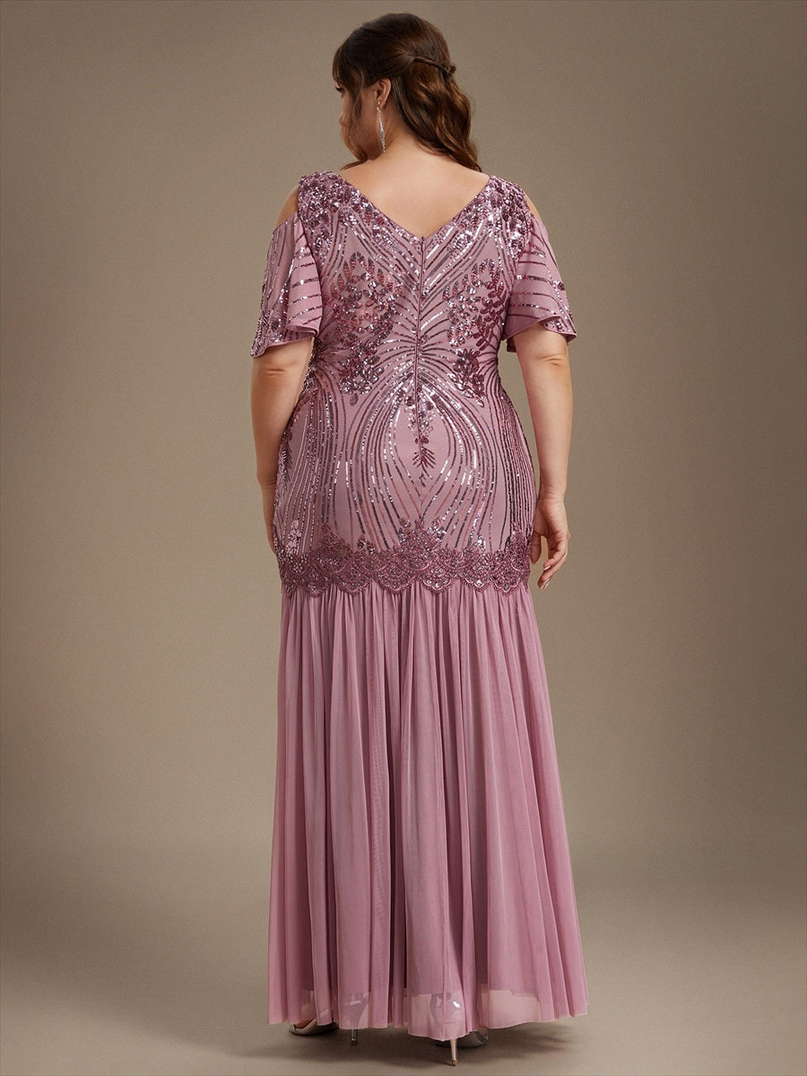 Pailletten V-Ausschnitt Etui-Schnitt Volantärmel Reißverschluss hinten abendkleid #Farbe_Orchideenviolett