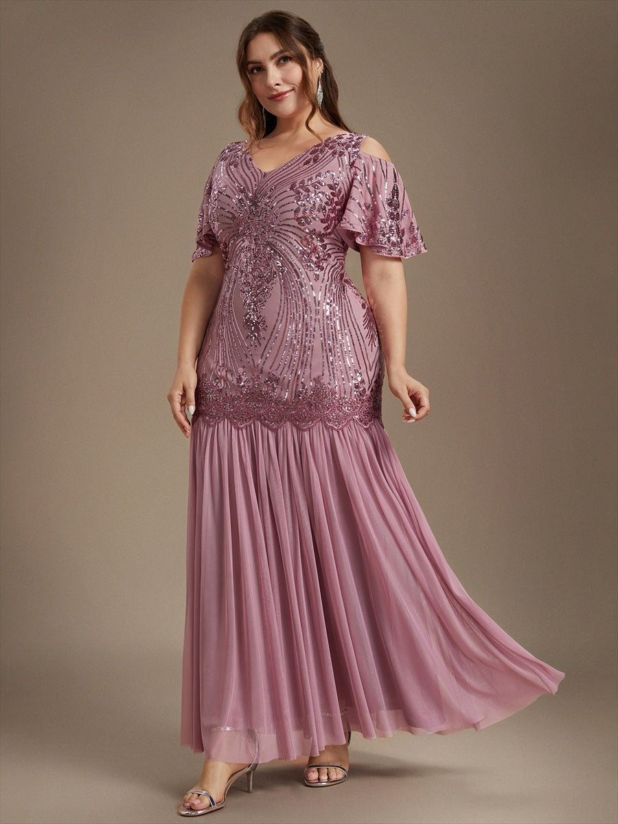 Pailletten V-Ausschnitt Etui-Schnitt Volantärmel Reißverschluss hinten abendkleid #Farbe_Orchideenviolett
