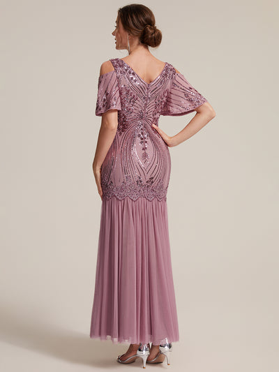 Pailletten V-Ausschnitt Etui-Schnitt Volantärmel Reißverschluss hinten abendkleid #Farbe_Orchideenviolett