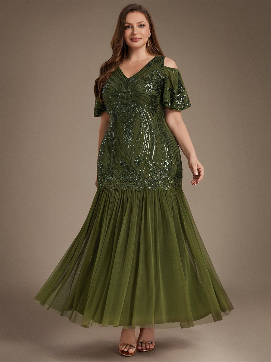 Pailletten V-Ausschnitt Etui-Schnitt Volantärmel Reißverschluss hinten abendkleid #Farbe_Olivgrün  