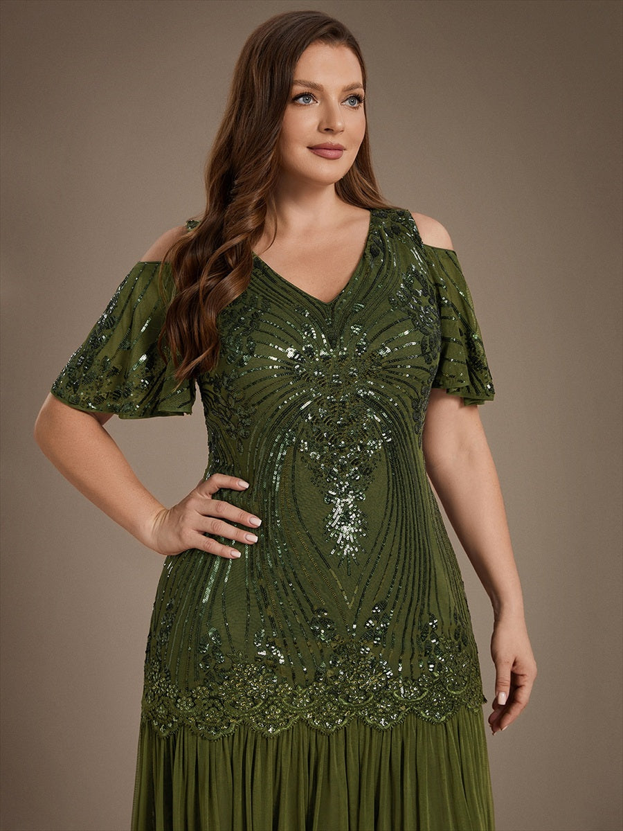 Pailletten V-Ausschnitt Etui-Schnitt Volantärmel Reißverschluss hinten abendkleid #Farbe_Olivgrün  