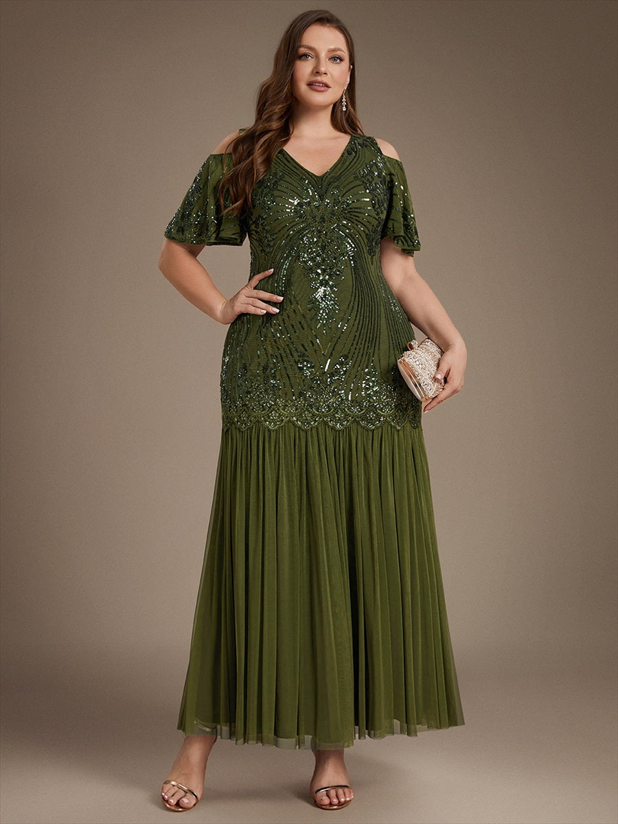 Pailletten V-Ausschnitt Etui-Schnitt Volantärmel Reißverschluss hinten abendkleid #Farbe_Olivgrün  