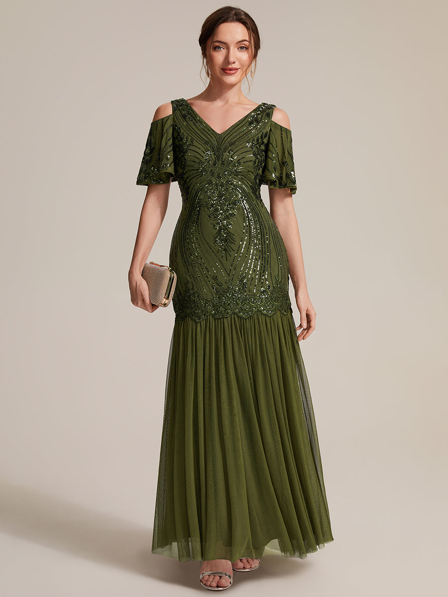 Pailletten V-Ausschnitt Etui-Schnitt Volantärmel Reißverschluss hinten abendkleid #Farbe_Olivgrün