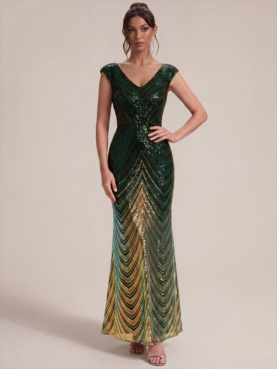 Pailletten V-Ausschnitt Meerjungfrau Reißverschluss hinten Kleid #Farbe_Dunkelgrün