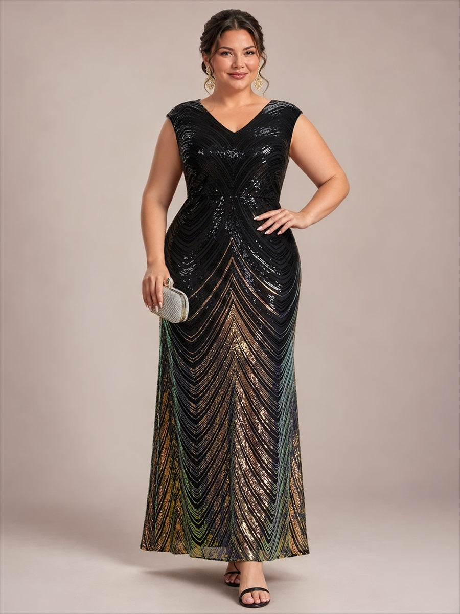 Pailletten V-Ausschnitt Meerjungfrau Reißverschluss hinten Kleid #Farbe_Schwarz & Gold
