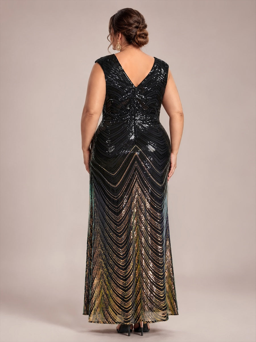 Pailletten V-Ausschnitt Meerjungfrau Reißverschluss hinten Kleid #Farbe_Schwarz & Gold