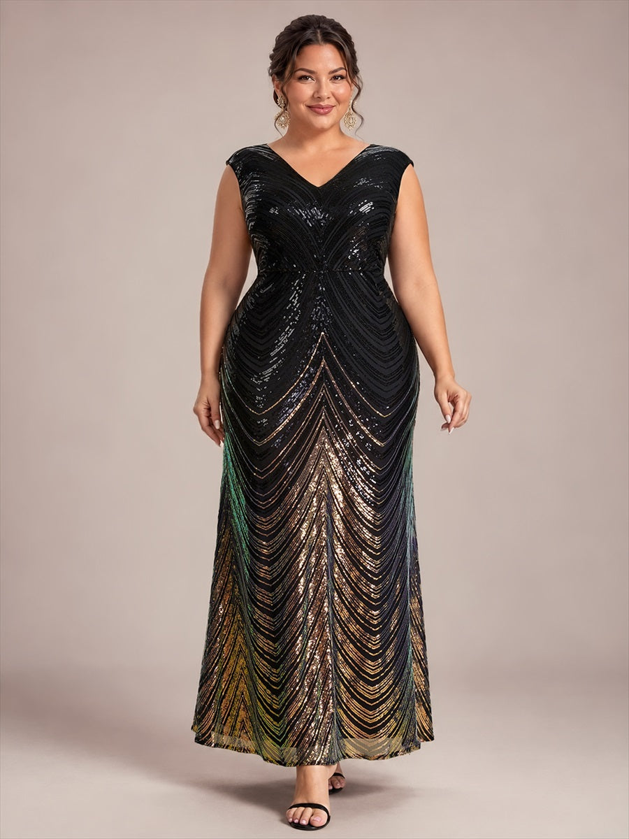 Pailletten V-Ausschnitt Meerjungfrau Reißverschluss hinten Kleid #Farbe_Schwarz & Gold
