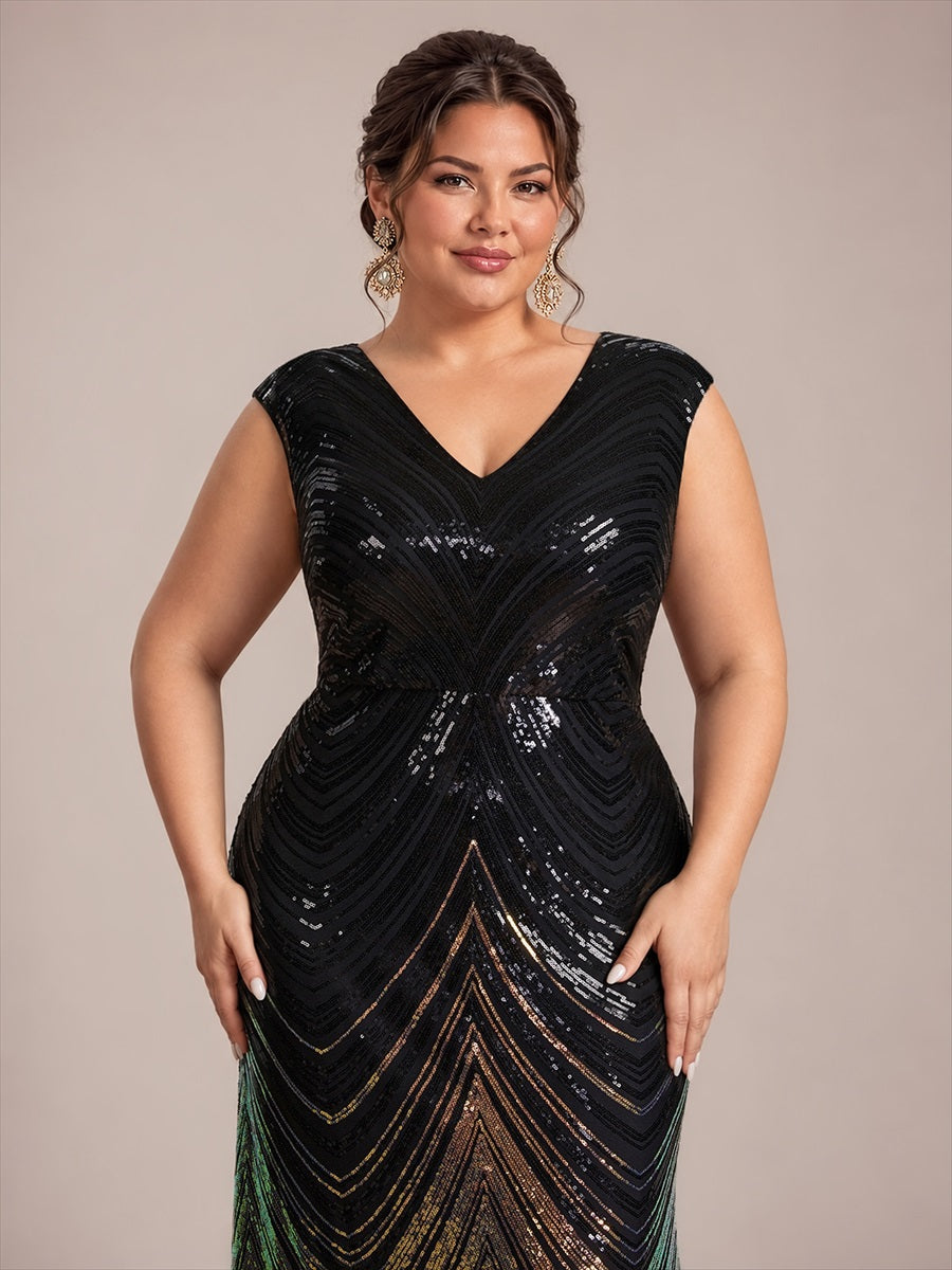Pailletten V-Ausschnitt Meerjungfrau Reißverschluss hinten Kleid #Farbe_Schwarz & Gold