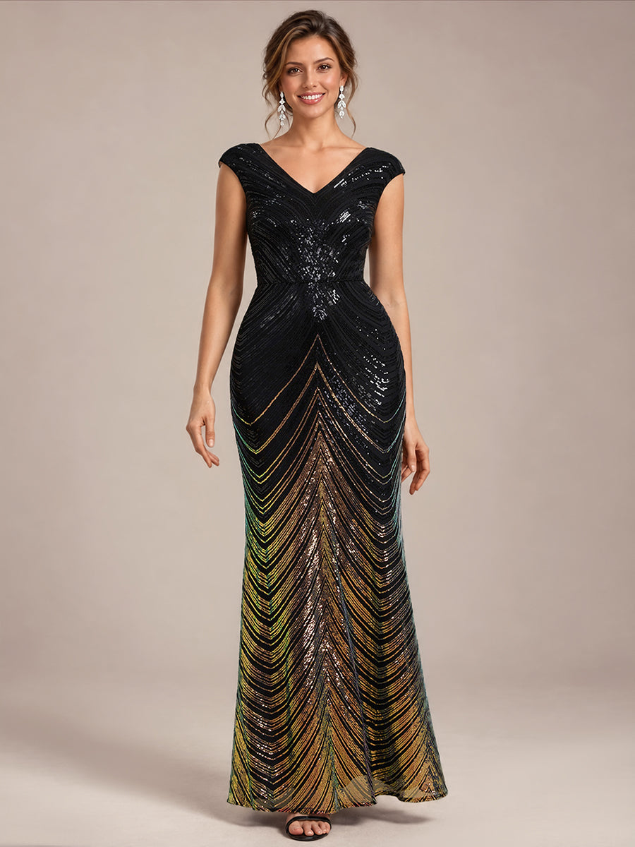Pailletten V-Ausschnitt Meerjungfrau Reißverschluss hinten Kleid #Farbe_Schwarz & Gold