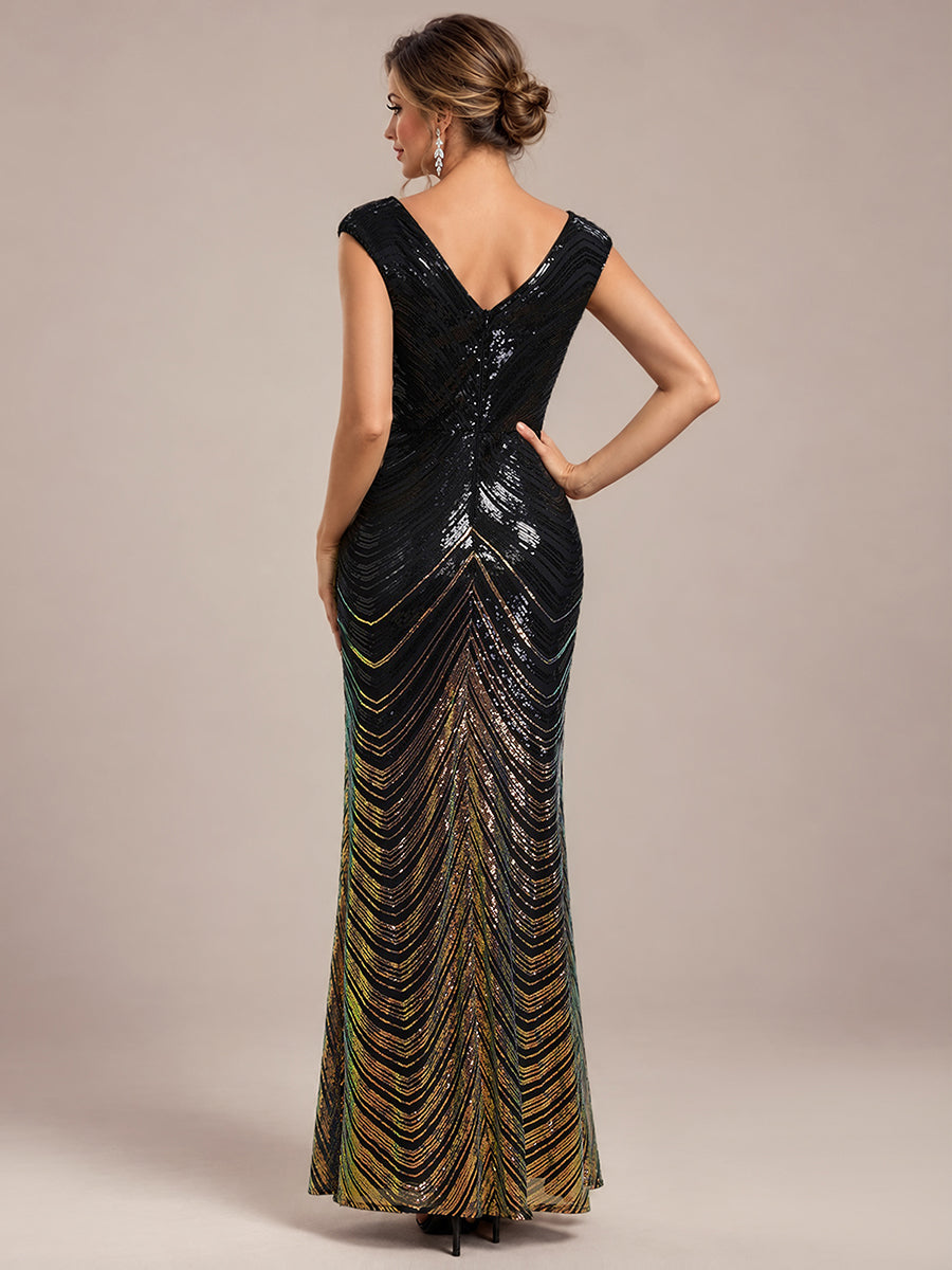 Pailletten V-Ausschnitt Meerjungfrau Reißverschluss hinten Kleid #Farbe_Schwarz & Gold