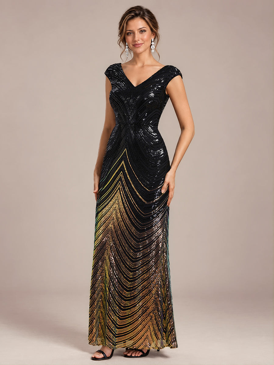 Pailletten V-Ausschnitt Meerjungfrau Reißverschluss hinten Kleid #Farbe_Schwarz & Gold
