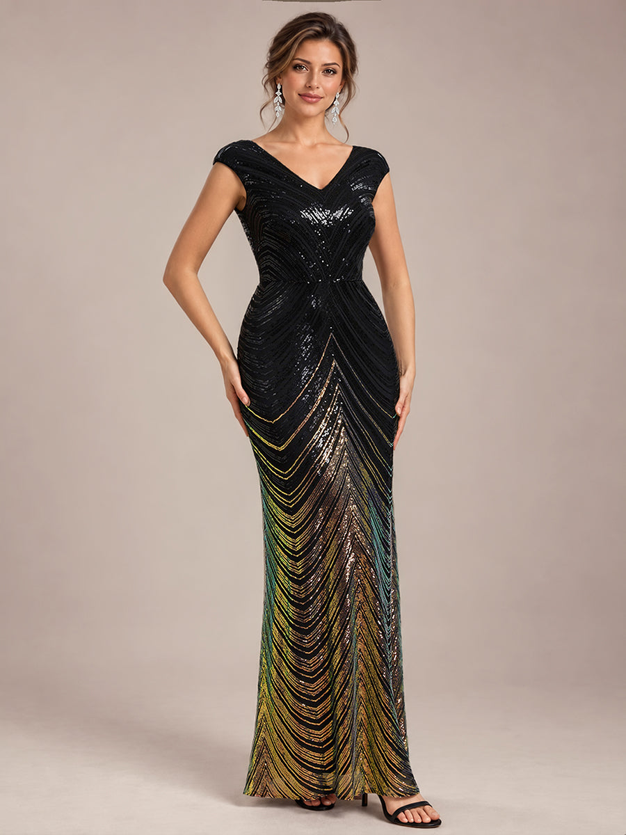 Pailletten V-Ausschnitt Meerjungfrau Reißverschluss hinten Kleid #Farbe_Schwarz & Gold