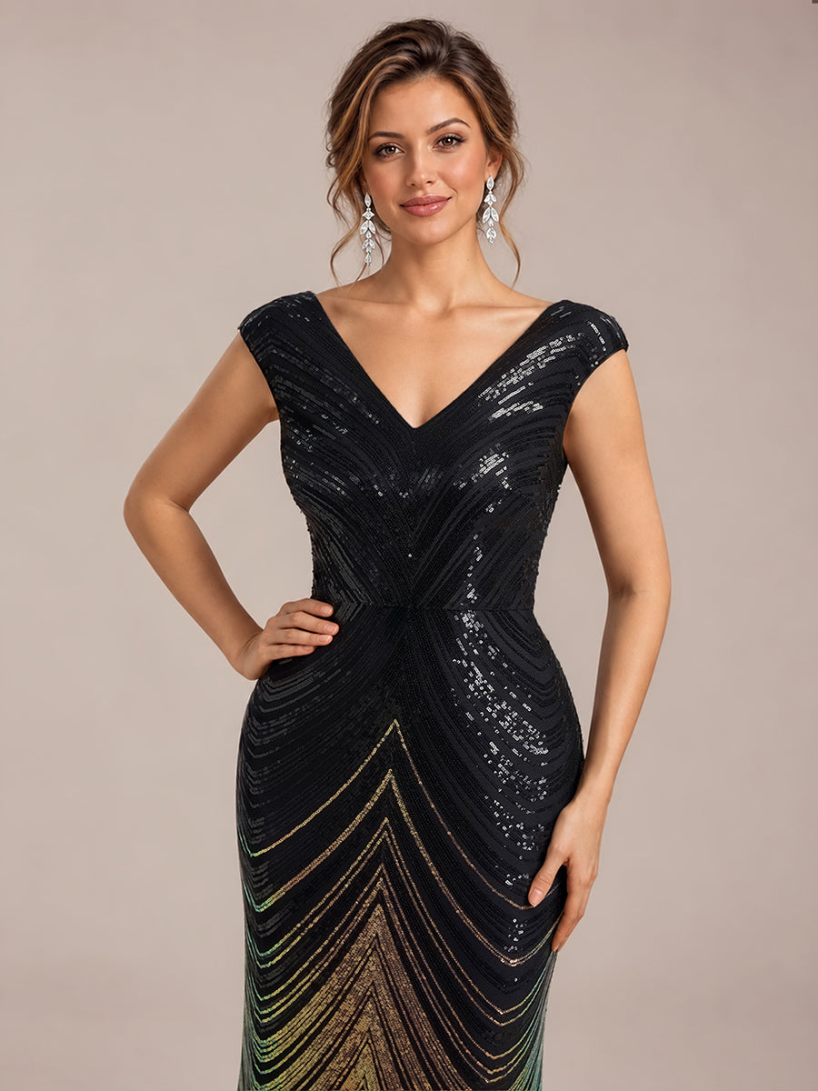 Pailletten V-Ausschnitt Meerjungfrau Reißverschluss hinten Kleid #Farbe_Schwarz & Gold