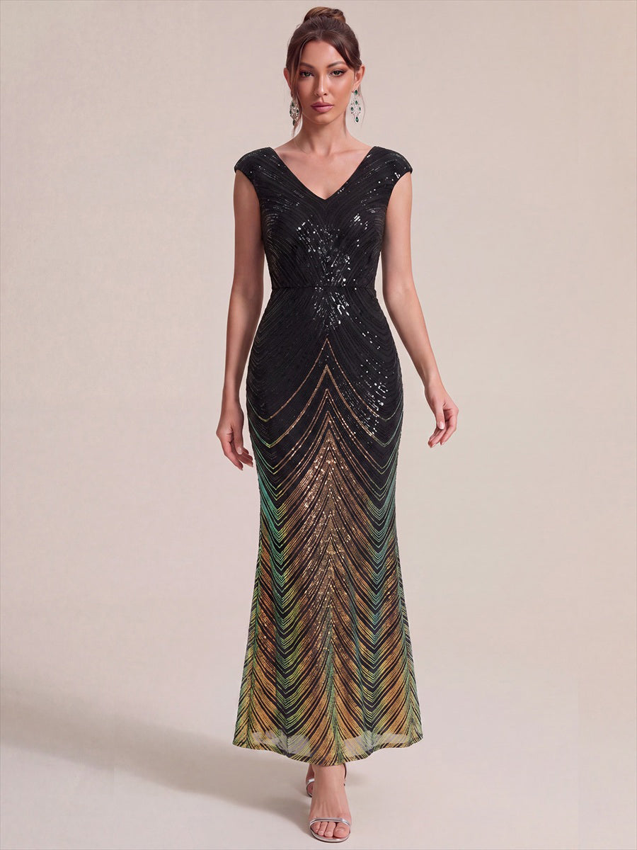 Pailletten V-Ausschnitt Meerjungfrau Reißverschluss hinten Kleid #Farbe_Schwarz & Gold