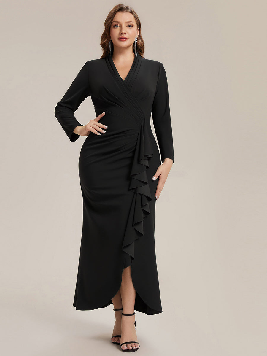 Asymmetrischer Saum V Neck Figurbetontes Kleid Aus Krepp Schlitz Volants #Farbe_Schwarz