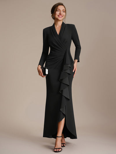 Asymmetrischer Saum V Neck Figurbetontes Kleid Aus Krepp Schlitz Volants #Farbe_Schwarz