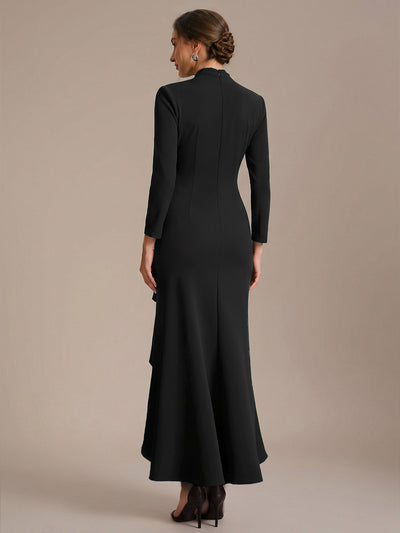 Asymmetrischer Saum V Neck Figurbetontes Kleid Aus Krepp Schlitz Volants #Farbe_Schwarz