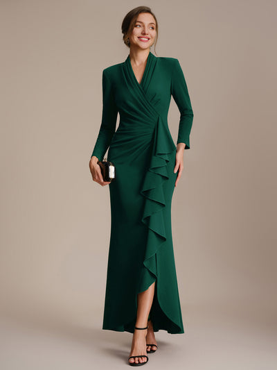 Asymmetrischer Saum V Neck Figurbetontes Kleid Aus Krepp Schlitz Volants #Farbe_Dunkelgrün