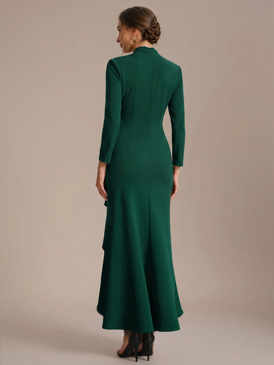 Asymmetrischer Saum V Neck Figurbetontes Kleid Aus Krepp Schlitz Volants #Farbe_Dunkelgrün