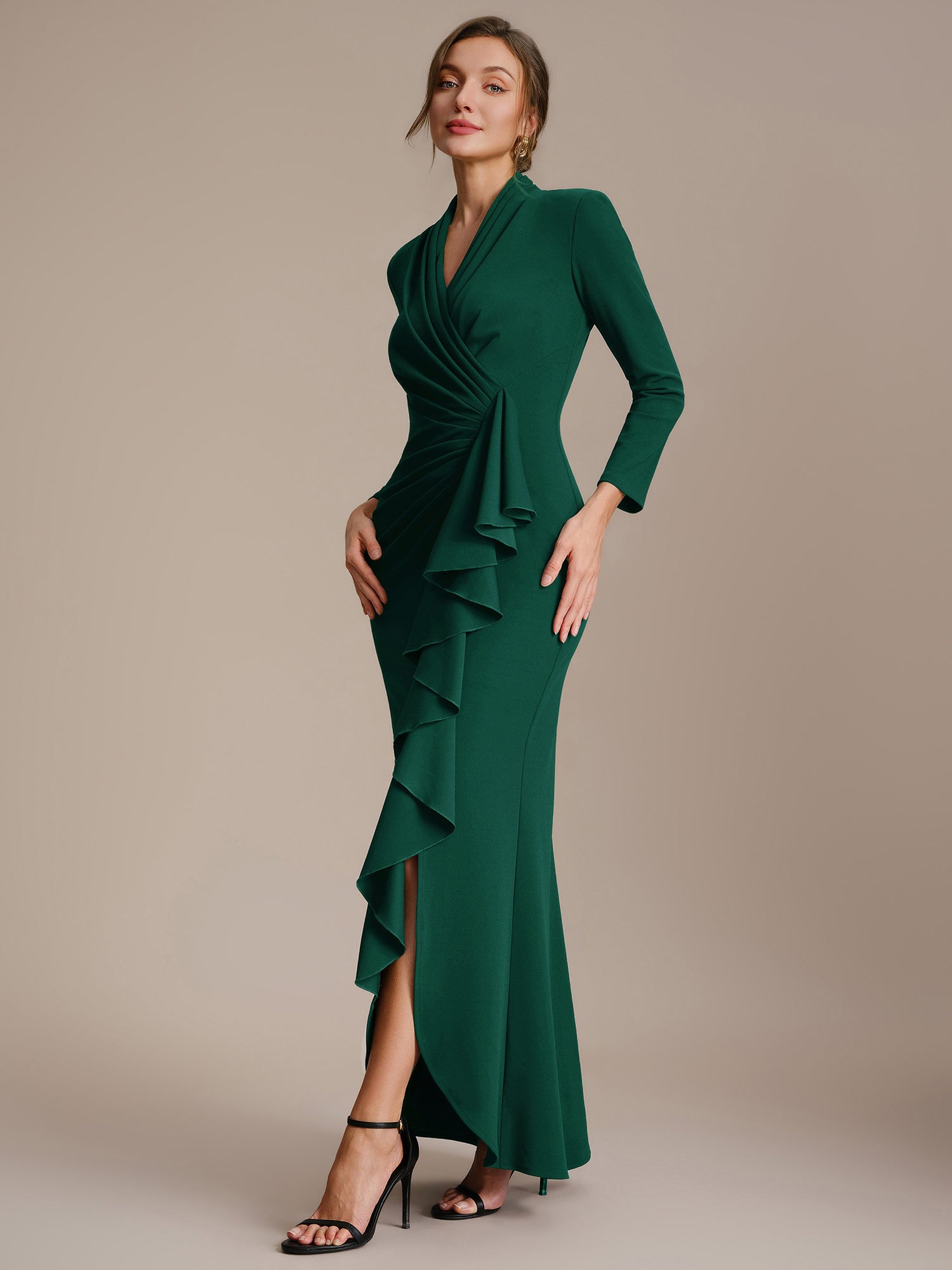 Asymmetrischer Saum V Neck Figurbetontes Kleid Aus Krepp Schlitz Volants #Farbe_Dunkelgrün