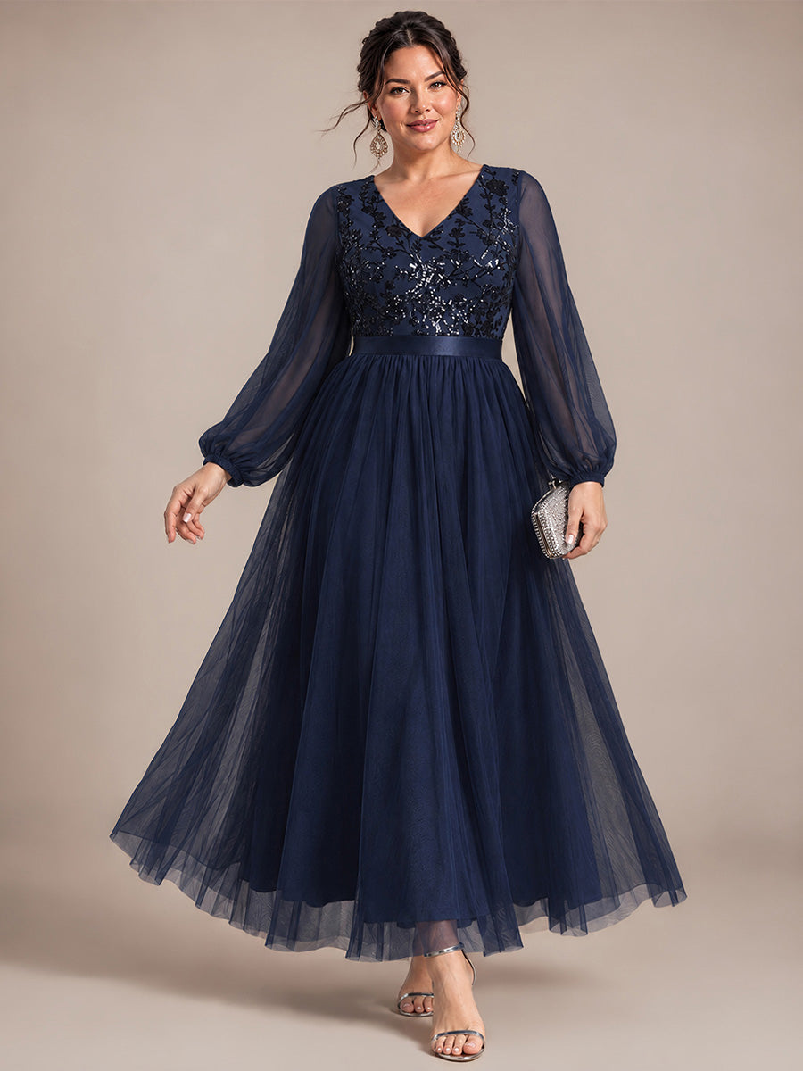 Tüll V-Ausschnitt A-Linie Reißverschluss hinten Ohne Brustpolster, mit Futter. abendkleid #Farbe_Marineblau