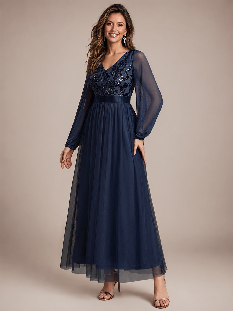 Tüll V-Ausschnitt A-Linie Reißverschluss hinten Ohne Brustpolster, mit Futter. abendkleid #Farbe_Marineblau