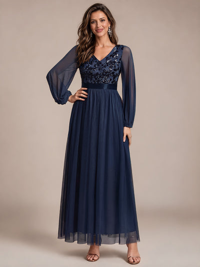 Tüll V-Ausschnitt A-Linie Reißverschluss hinten Ohne Brustpolster, mit Futter. abendkleid #Farbe_Marineblau