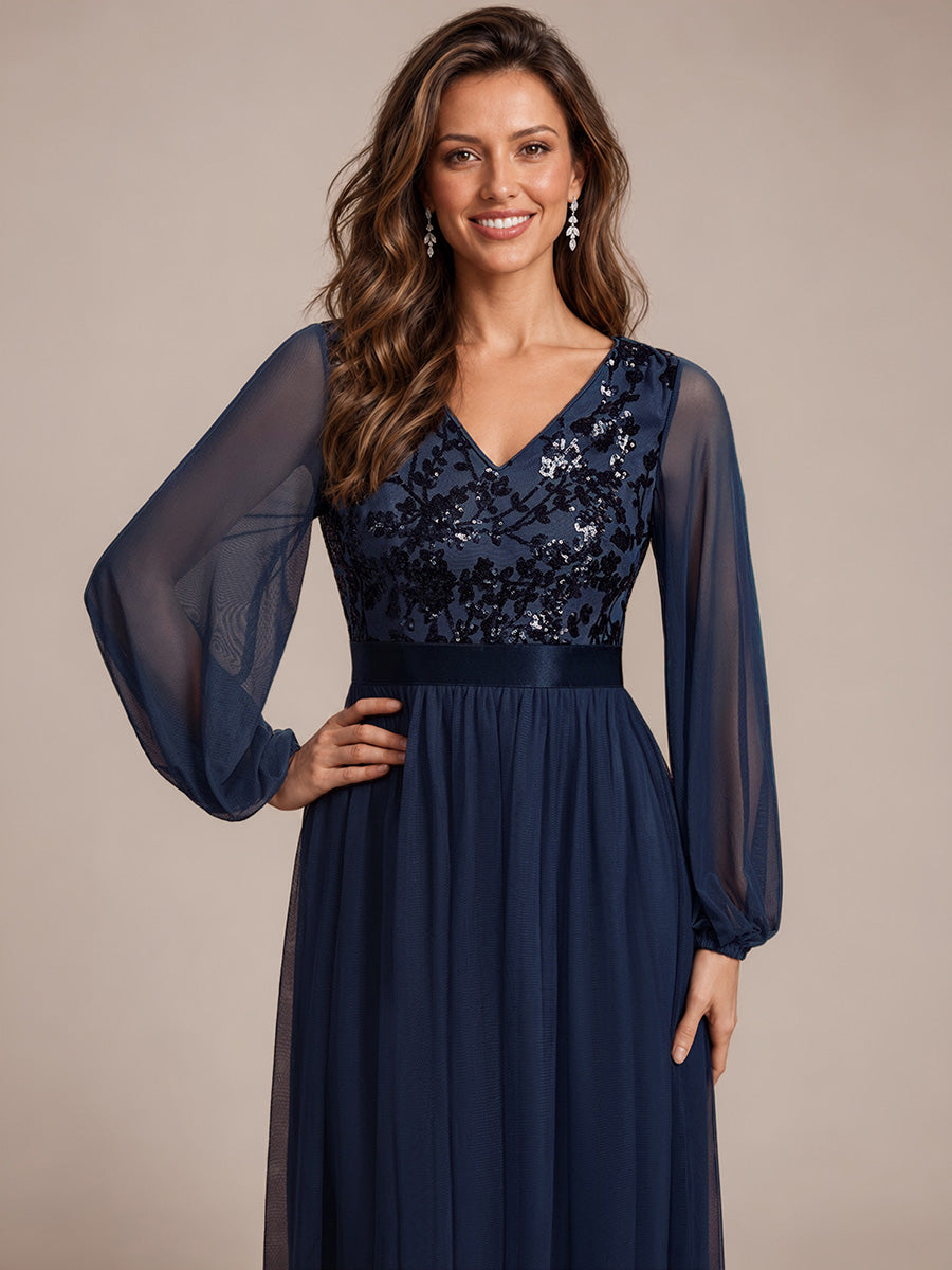 Tüll V-Ausschnitt A-Linie Reißverschluss hinten Ohne Brustpolster, mit Futter. abendkleid #Farbe_Marineblau