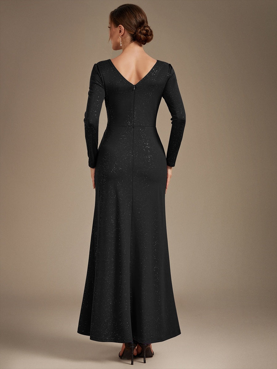 Maxilänge V-Ausschnitt Figurbetontes Kleid Aus Mesh Pailletten Zum Binden #Farbe_Schwarz