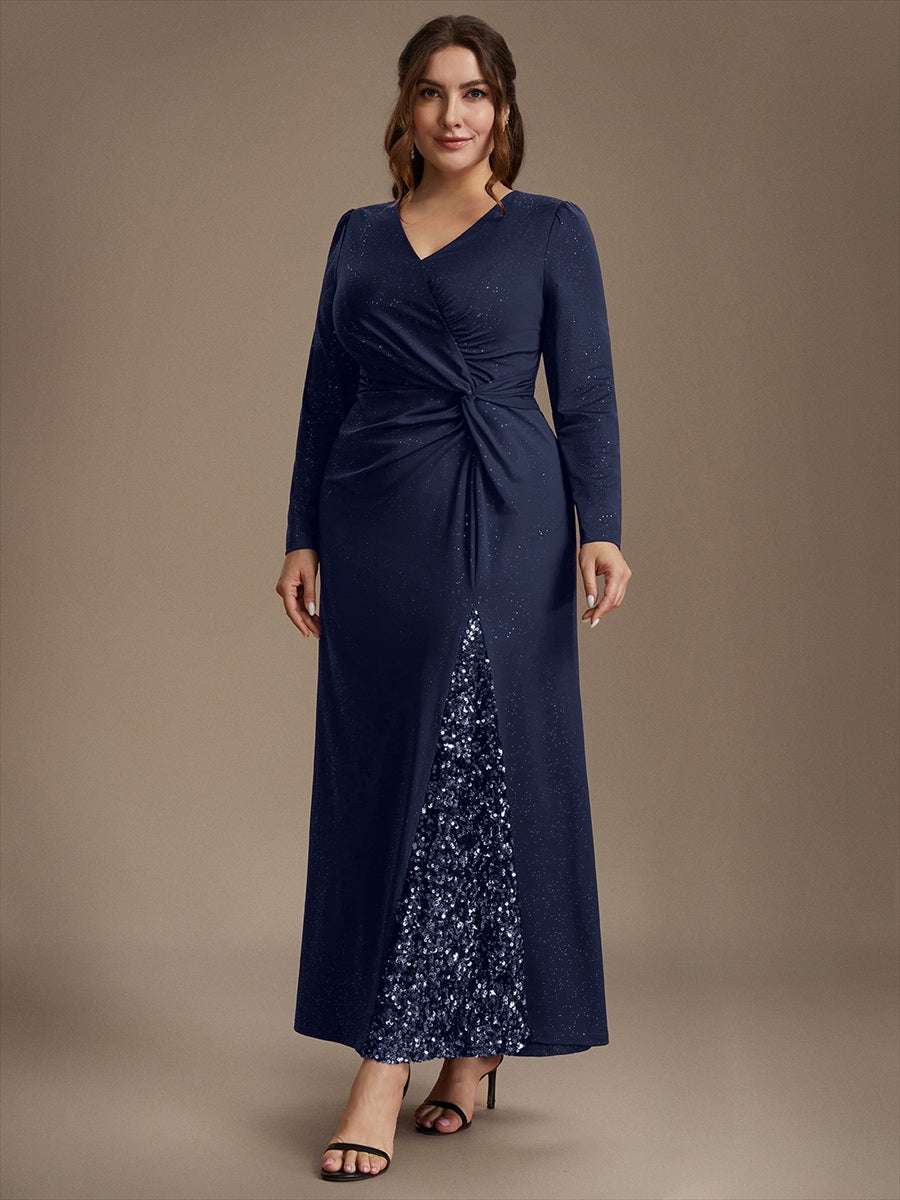 Maxilänge V-Ausschnitt Figurbetontes Kleid Aus Mesh Pailletten Zum Binden #Farbe_Marineblau